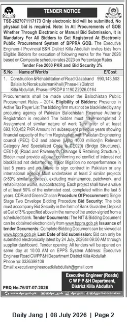Newspaper clipping: Tender: Construction & Rehabilitation of Gazaband–Balali–Norak Road (Phase II) — Killa Abdullah, Jang, 08 Jul 2026