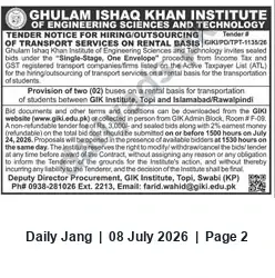 Newspaper clipping: Ghulam Ishaq Khan Institute Tender for Hiring Two Rental Buses (GIKIPD/TPT-1135/26), Jang, 08 Jul 2026