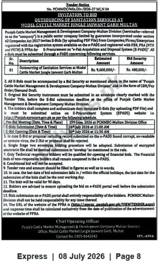 Newspaper clipping: Tender: Outsourcing of Sanitation Services — Model Cattle Market, Jungle Jaswant Garh, Multan, Express, 08 Jul 2026