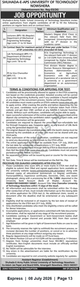Newspaper clipping: Job Opportunities at Shuhada-e-APS University of Technology Nowshera – Lecturers, Lab Technicians & PS to Vice Chancellor, Express, 08 Jul 2026