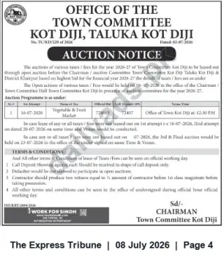 Newspaper clipping: Town Committee Kot Diji Auction Notice 2026-27 – Vegetable & Fruit Market Lease, The Express Tribune, 08 Jul 2026