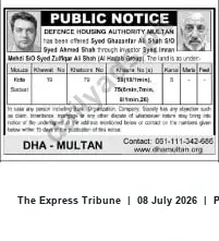 Newspaper clipping: DHA Multan Public Notice Regarding Land Offer, The Express Tribune, 08 Jul 2026