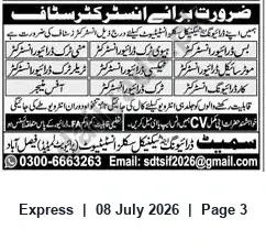 Newspaper clipping: Driving Instructors & Office Manager Wanted — Smeet Driving & Technical Institute, Faisalabad, Express, 08 Jul 2026