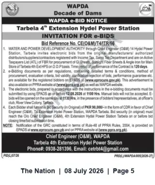 Newspaper clipping: WAPDA e-Bid Notice — Tarbela 4th Extension Hydel Power Station (Procurement of GI & Fiber Sheets, Angle Iron), The Nation, 08 Jul 2026
