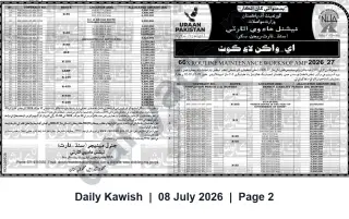 Newspaper clipping: NHA Sukkur — 66 Routine Maintenance Tender Packages (AMP 2026-27), Daily Kawish, 08 Jul 2026