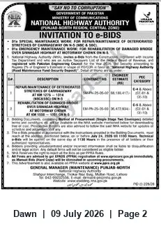 Newspaper clipping: NHA Punjab-North Invites e-Bids for Urgent Maintenance and Bridge Rehabilitation on N-5, Dawn, 09 Jul 2026