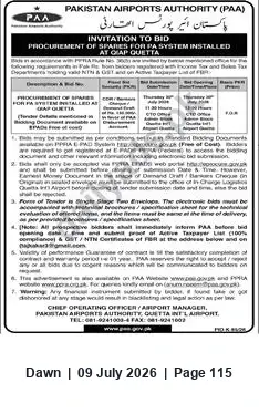 Newspaper clipping: Invitation to Bid: PA System Spares for Quetta International Airport, Dawn, 09 Jul 2026