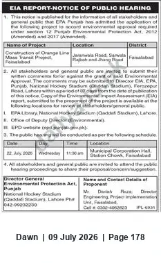 Newspaper clipping: Public Hearing Notice: EIA for Orange Line Mass Transit Project, Faisalabad, Dawn, 09 Jul 2026