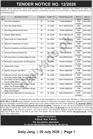 Newspaper clipping: Tender Notice No. 12/2026 — Supply of Various Items for Kundian (Pak Secretariat, Islamabad), Jang, 09 Jul 2026