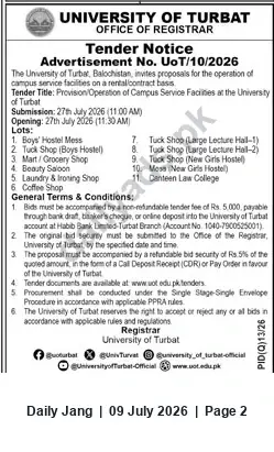 Newspaper clipping: University of Turbat Tender — Operation of Campus Service Facilities (Submission 27 July 2026), Jang, 09 Jul 2026