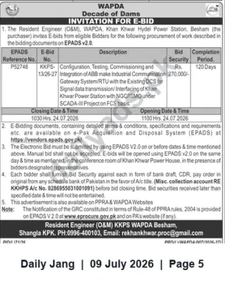 Newspaper clipping: WAPDA Khan Khwar Power Station E-Bid for ABB RTU/DCS Integration (SCADA-III), Jang, 09 Jul 2026