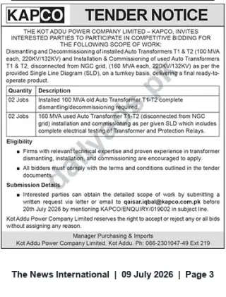 Newspaper clipping: KAPCO Tender: Dismantling and Replacement of Auto Transformers (Two Jobs), The News International, 09 Jul 2026