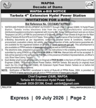 Newspaper clipping: WAPDA Tarbela 4th Extension HPS e-Bid for GI Sheets, Sunlight Fiber Sheets & Angle Iron (Bid Ref CE(O&M)/T4/TR/66), Express, 09 Jul 2026