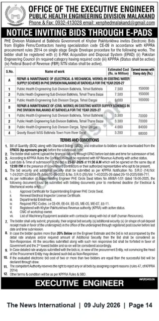 Newspaper clipping: PHE Division Malakand (Batkhela) — Electronic Bids Invited for Repair & Maintenance Works (E-PADS), The News International, 09 Jul 2026