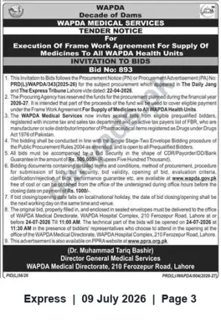 Newspaper clipping: WAPDA Medical Services Tender: Framework Agreement for Supply of Medicines (Bid No. 893), Express, 09 Jul 2026