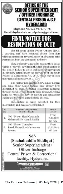 Newspaper clipping: Final Notice for Resumption of Duty — Central Prison & Correctional Facility Hyderabad, The Express Tribune, 09 Jul 2026