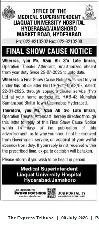 Newspaper clipping: Final Show Cause Notice to Azan Ali — Liaquat University Hospital, Hyderabad/Jamshoro, The Express Tribune, 09 Jul 2026