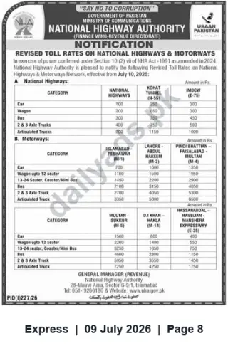 Newspaper clipping: NHA Notification: Revised Toll Rates on National Highways & Motorways Effective 2026-07-10, Express, 09 Jul 2026