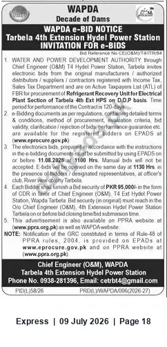 Newspaper clipping: WAPDA Tarbela 4th Extension HPS e-Bid: Refrigerant Recovery Unit (DDP), Express, 09 Jul 2026