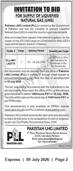 Newspaper clipping: Pakistan LNG Limited Tender PLL/IMP/LNGT74 — Supply of One LNG Cargo (DES Port Qasim, Karachi), Express, 09 Jul 2026