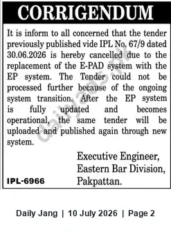 Newspaper clipping: Corrigendum: Tender IPL No. 67/9 (30.06.2026) Cancelled — Eastern Bar Division, Pakpattan, Jang, 10 Jul 2026