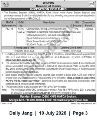 Newspaper clipping: WAPDA Khan Khwar Power Station E-Bid: ABB Gateway/RTU Integration (EPADS P52748), Jang, 10 Jul 2026