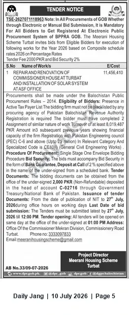 Newspaper clipping: Tender: Repair & Renovation of Commissioner House Turbat and Solar System Installation — Meerana Housing Scheme, Jang, 10 Jul 2026
