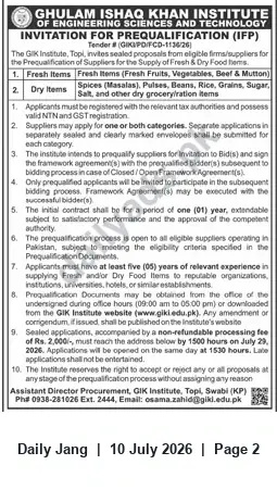 Newspaper clipping: GIK Institute Prequalification: Supply of Fresh & Dry Food Items (Tender #GIKIPDIFCD-1136/26), Jang, 10 Jul 2026