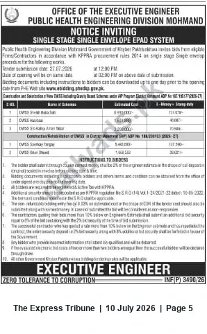 Newspaper clipping: PHE Division Mohmand Tender: Rehabilitation & Solarisation of DWSS/NSS — Bid Due 2026-07-27, The Express Tribune, 10 Jul 2026