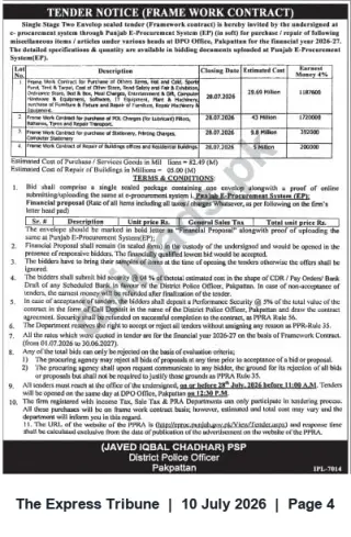 Newspaper clipping: Tender: Framework Contracts for Purchase / Repair — DPO Pakpattan (Punjab E-Procurement), The Express Tribune, 10 Jul 2026