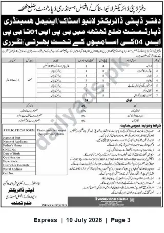 Newspaper clipping: Recruitment — Support/Elementary Staff (BPS-01 to BPS-06), Office of Deputy Director, District Thatta, Express, 10 Jul 2026