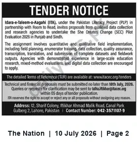 Newspaper clipping: ITA Tender: Agencies Sought for 'She Creates Change' Pilot Evaluation 2026 (Punjab & Sindh), The Nation, 10 Jul 2026