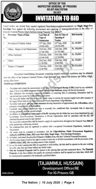 Newspaper clipping: Invitation to Bid — Supply & Services for IG Prisons Gilgit-Baltistan (Closing 2026-07-23), The Nation, 10 Jul 2026