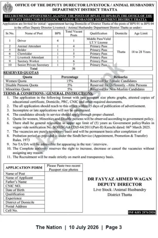 Newspaper clipping: Recruitment – Livestock / Animal Husbandry Department, District Thatta (31 Vacancies), The Nation, 10 Jul 2026