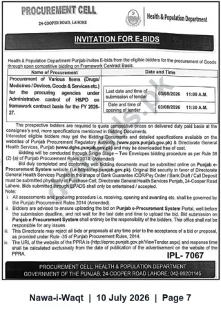 Newspaper clipping: Invitation for E-Bids: Framework Procurement of Drugs, Medicines, Devices & Other Items for H&PD Punjab FY 2026-27, Nawa-i-Waqt, 10 Jul 2026
