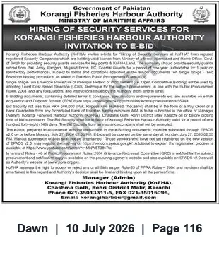 Newspaper clipping: KFHA Invitation to E-Bid for Security Services — Korangi Fisheries Harbour Authority, Dawn, 10 Jul 2026