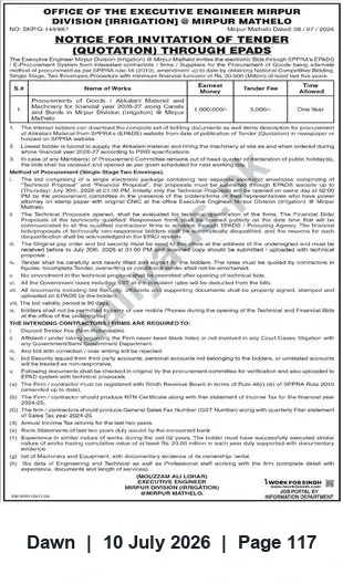 Newspaper clipping: Tender: Procurement of Abkari Materials & Machinery — Executive Engineer Mirpur Division (Irrigation), Dawn, 10 Jul 2026