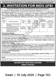 Newspaper clipping: BISE Malakand Invitation for Bids — Procurement via E-PADS, Dawn, 10 Jul 2026