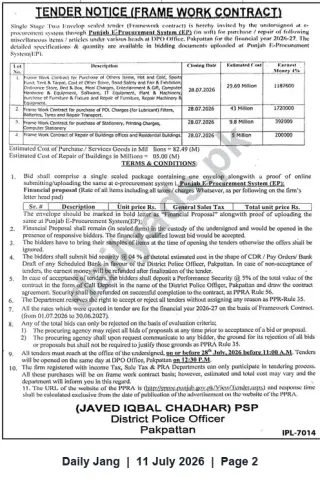 Newspaper clipping: Tender: Framework Contracts for Supplies & Building Repairs — District Police Officer Pakpattan, Jang, 11 Jul 2026