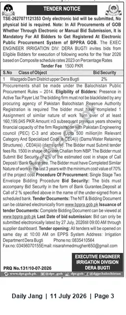 Newspaper clipping: Tender Notice — Wazgardo Dam (Upper Dera Bugti) — Executive Engineer Irrigation Division Dera Bugti, Jang, 11 Jul 2026