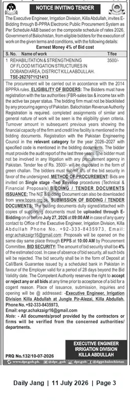 Newspaper clipping: Tender: Rehabilitation & Strengthening of Flood Mitigation Structures, Dobandi, Killa Abdullah, Jang, 11 Jul 2026