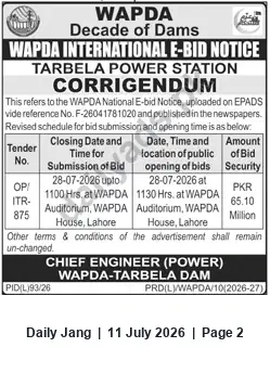 Newspaper clipping: WAPDA Tarbela Power Station Corrigendum: Revised Bid Submission and Opening — 28 July 2026, Jang, 11 Jul 2026