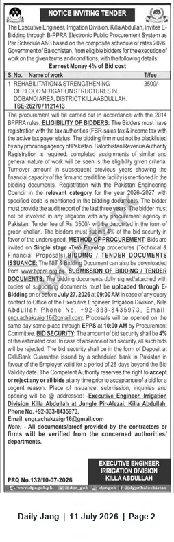 Newspaper clipping: Tender: Rehabilitation & Strengthening of Flood Mitigation Structures at Dobandari Dara — Irrigation Division Killa Abdullah, Jang, 11 Jul 2026