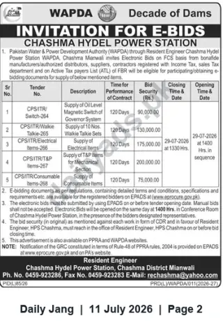 Newspaper clipping: WAPDA Chashma Hydel Power Station Invitation for E-Bids for Supply of Electrical, Mechanical and Consumable Items, Jang, 11 Jul 2026