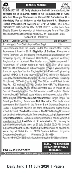 Newspaper clipping: Tender — Construction Works for Wazgado Dam (Irrigation Division Dera Bugti) — Tender No. TSE-2627071121353, Jang, 11 Jul 2026