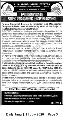 Newspaper clipping: PIEDMC Expression of Interest for Two Armoured 16-Seater Vans (B6), Jang, 11 Jul 2026