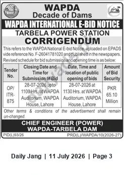 Newspaper clipping: WAPDA Tarbela Corrigendum: Revised E-Bid Submission and Opening Date 2026-07-28, Jang, 11 Jul 2026