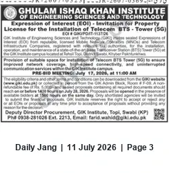 Newspaper clipping: GIKI EOI: License for Telecom BTS Tower at Topi Campus — Submit by 28 July 2026, Jang, 11 Jul 2026