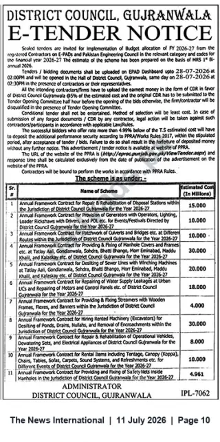 Newspaper clipping: District Council Gujranwala E-Tender Notice – Annual Framework Contracts FY 2026-27, The News International, 11 Jul 2026