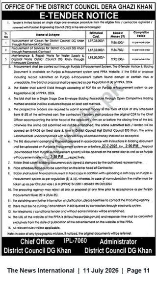 Newspaper clipping: E-Tender Notice — District Council Dera Ghazi Khan for Framework Procurement of Goods, Services and Maintenance Works, The News International, 11 Jul 2026